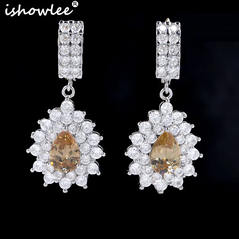 

Silver Big CZ Drop Earrings with Yellow Stones for Wedding Cubic Zircon Large Crystal Earrings 2019 Jewelry Luxury Earing esd03