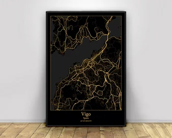 

Vigo Spain Black&Gold City Light Maps Custom World City Map Posters Canvas Prints Nordic Style Wall Art Home Decor