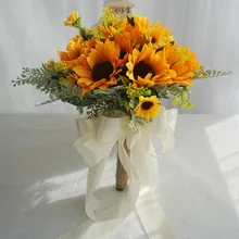 Свадебные букеты для невесты, подружки невесты, искусственный цветок, Подсолнухи, свежая лента, винтажный букет невесты, свадебное украшение