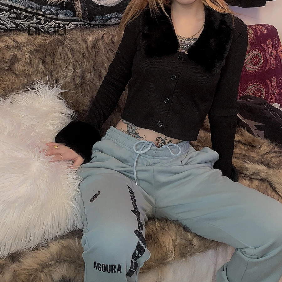 Skup Sisterlinda jesienno zimowa jednolita, z futrzanym kołnierzem żebra dzianiny ciepły Crop Coat kobiety pełna rękaw wąska kurtka Mujer New Arrival 2019 kobiet płaszcz