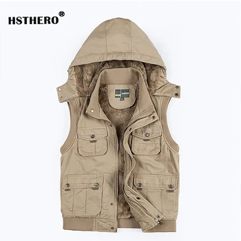 

Winter Army Green Fleece Men Vest Thicken Hoodie Multi Pockets Clothes Popular Male Warm Travel Khaki Sleeveless Waistcoat New