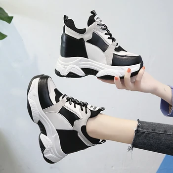 

2020 Brand Chunky Sneakers Wedges Shoes For Women Platform Fashion 10cm Height Increasing Sneaker Woman Leather Casual Shoes