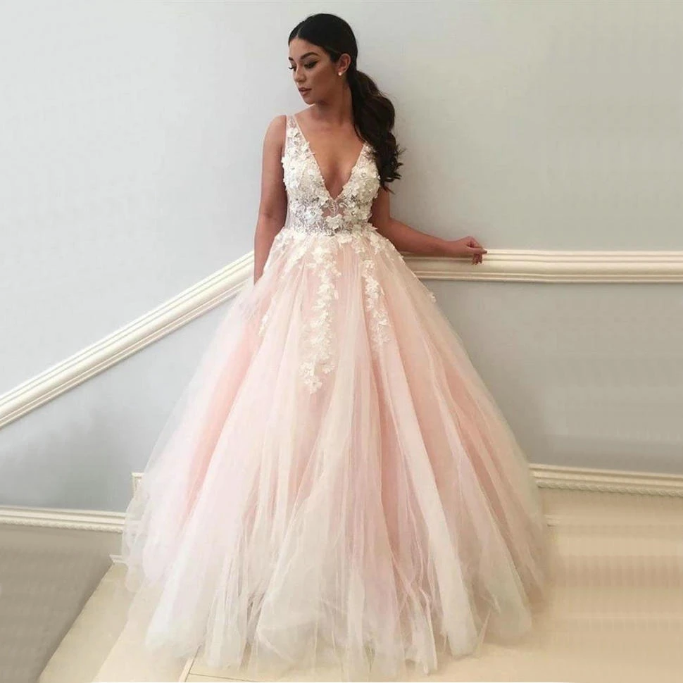 

Charming Pink Tulle Deep V-Neck Wedding Dresses Ivory Lace Applique Backless A Line Wedding Gowns Customized Formal Bridal Dress
