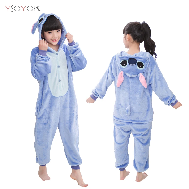 Kigurumi/Детские пижамы для мальчиков и девочек; пижамы с единорогом; фланелевая Детская Пижама; комплект одежды для сна с животными; зимние комбинезоны - Цвет: Blue stitch