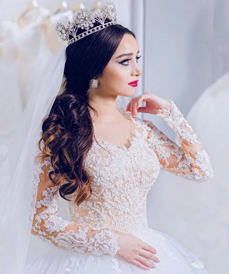 Саудовская Аравия бальное платье невесты платье vestido novia элегантные белые кружевные аппликации Дубай с длинными рукавами свадебное платье халат Mariage - Цвет: White Color Skin Net