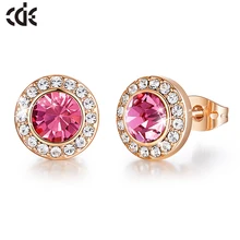 Cdeファッションジルコン石ピンククリスタルから丸型スタッドピアス女性耳美しいジュエリーギフト(China)