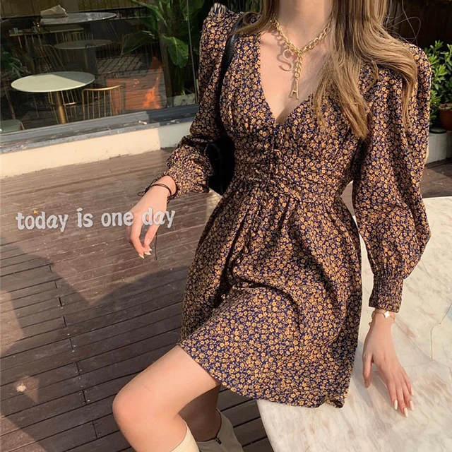 Floral summer dresses for women party elegant ladies puff sleeve V-neck high-waist elastic dress ladies party A-line dress 3