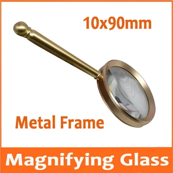

10X 90mm Lens Gift Toy Metal Golden Household Handheld Office Reading Magnifier Magnifying Glass Loupe with Handle for Old Man