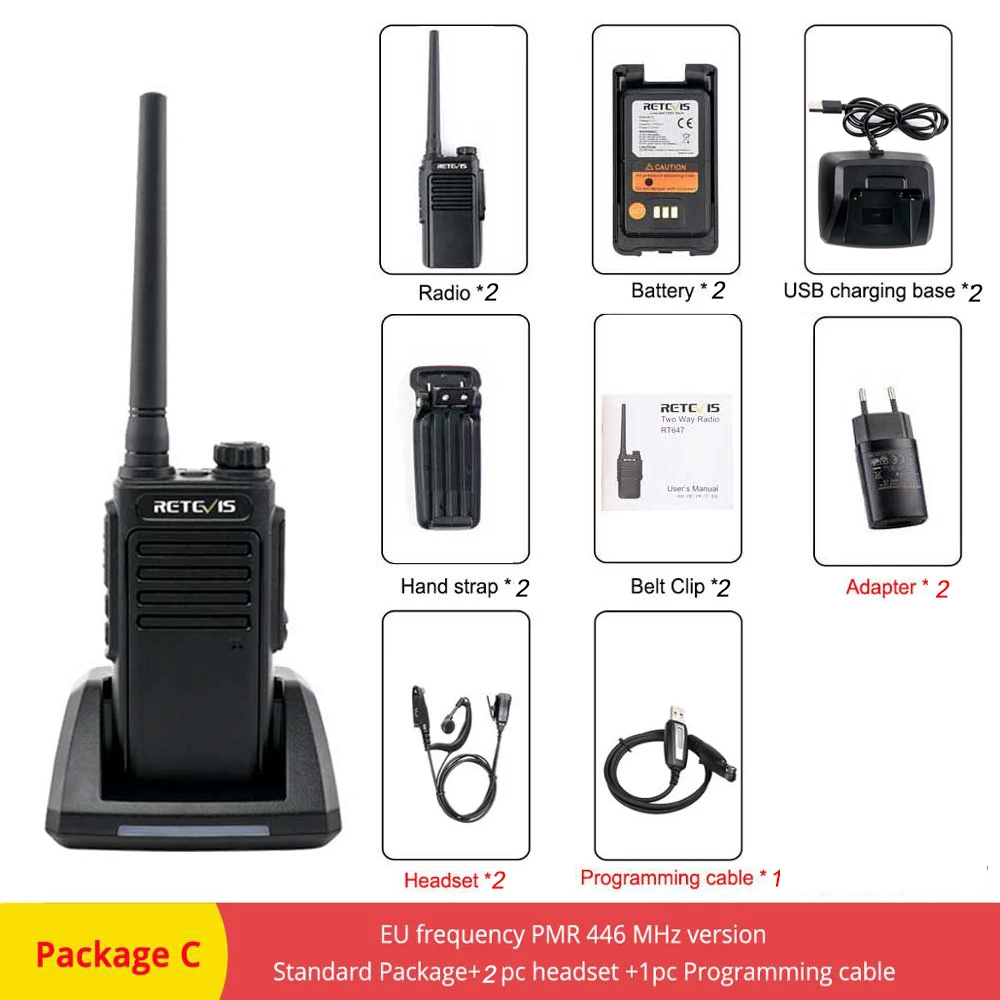 2 шт. RETEVIS RT47/RT647 IP67 водонепроницаемая рация PMR радио PMR446 VOX 2 способ радио Comunicador трансивер для Baofeng UV-9R - Цвет: Package C