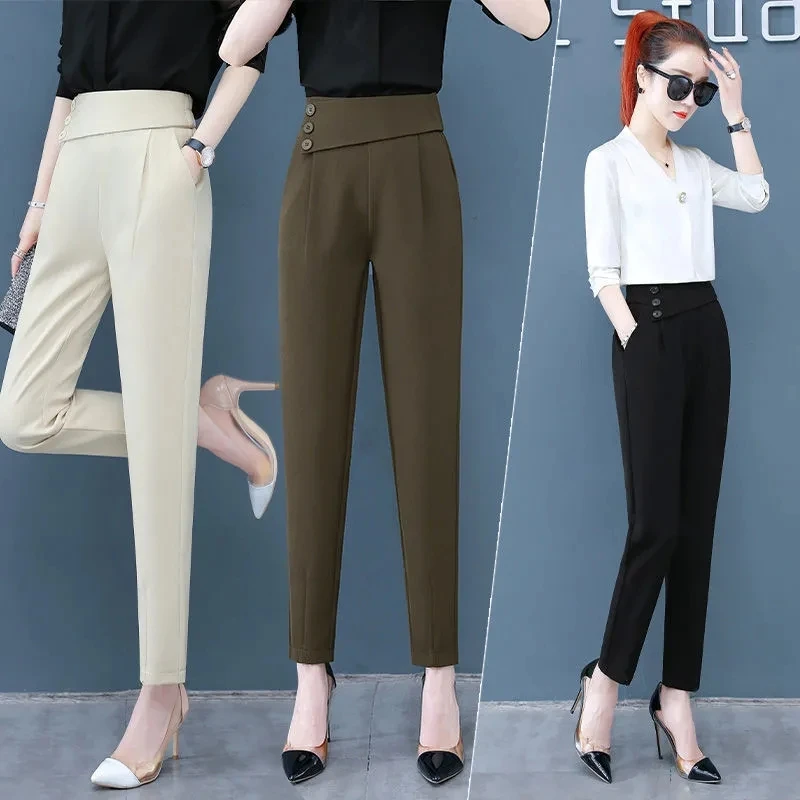 www. - Hot Women High Waist Elastic Harem Pants Chiffon Office  Lady Solid Pencil Trouser