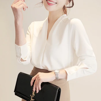 

High Quality Spring Autumn Elegant White Women Tops Long Sleeve Chiffon Blouse Female Work Wear shirt
