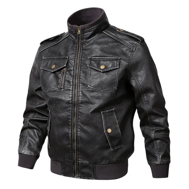

Bomber Leather Jacket Men Casual Slim Fit Stand Collar Washed PU Faux Leather Coat Men Thick Plus Velvet Motercycle Jackets 5XL