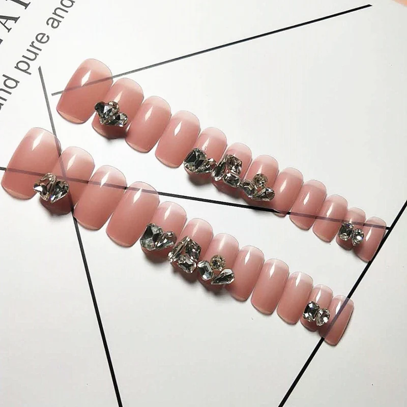 24pcs Fake Nails Short Head False Nails Removable Artificial Diamond Fake Nail Sticker Easy to Use