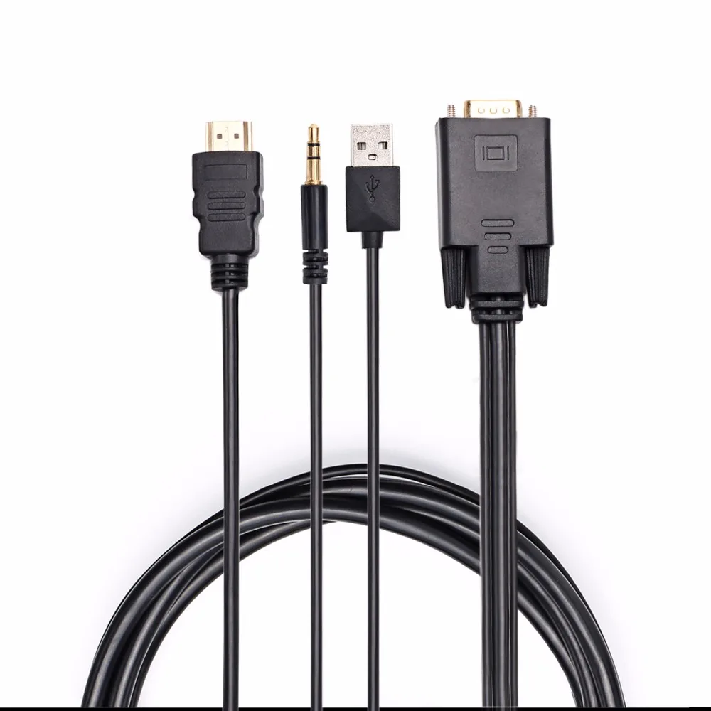 VGA к HDMI с USB мощность аудио 3,5 мм разъем 1,5 м конвертер кабель адаптер для ПК компьютер видеокарты - Цвет: Черный