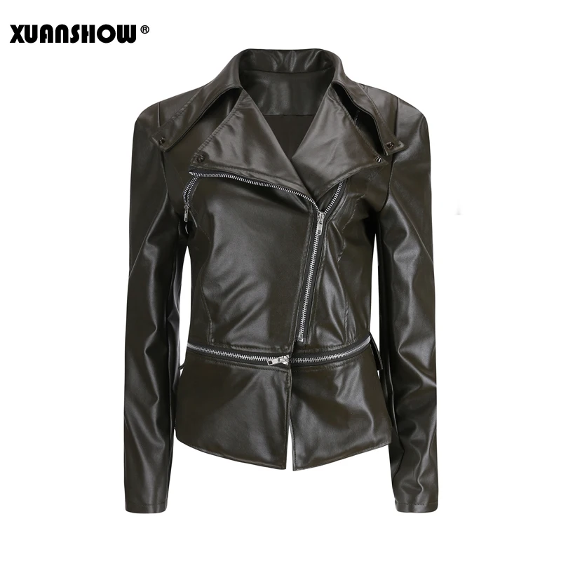 Army green XUANSHOW, осенне-зимняя кожаная куртка, длинный рукав, заклепки, карман, Женская мотоциклетная кожаная куртка, пальто на молнии, искусственная кожа, одежда, топы - Цвет: Army green