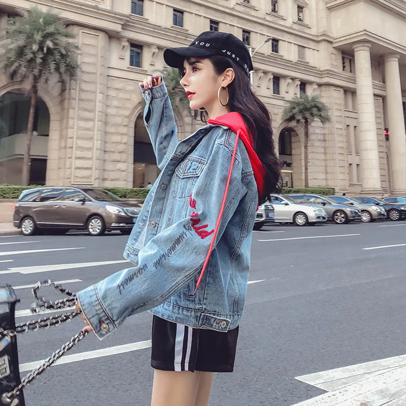 Весна Осень Свободная Женская куртка высокого качества вышивка Harajuku джинсовая куртка с капюшоном куртка Женская BF пальто, джинсовая куртка тренд для женщин - Цвет: Синий