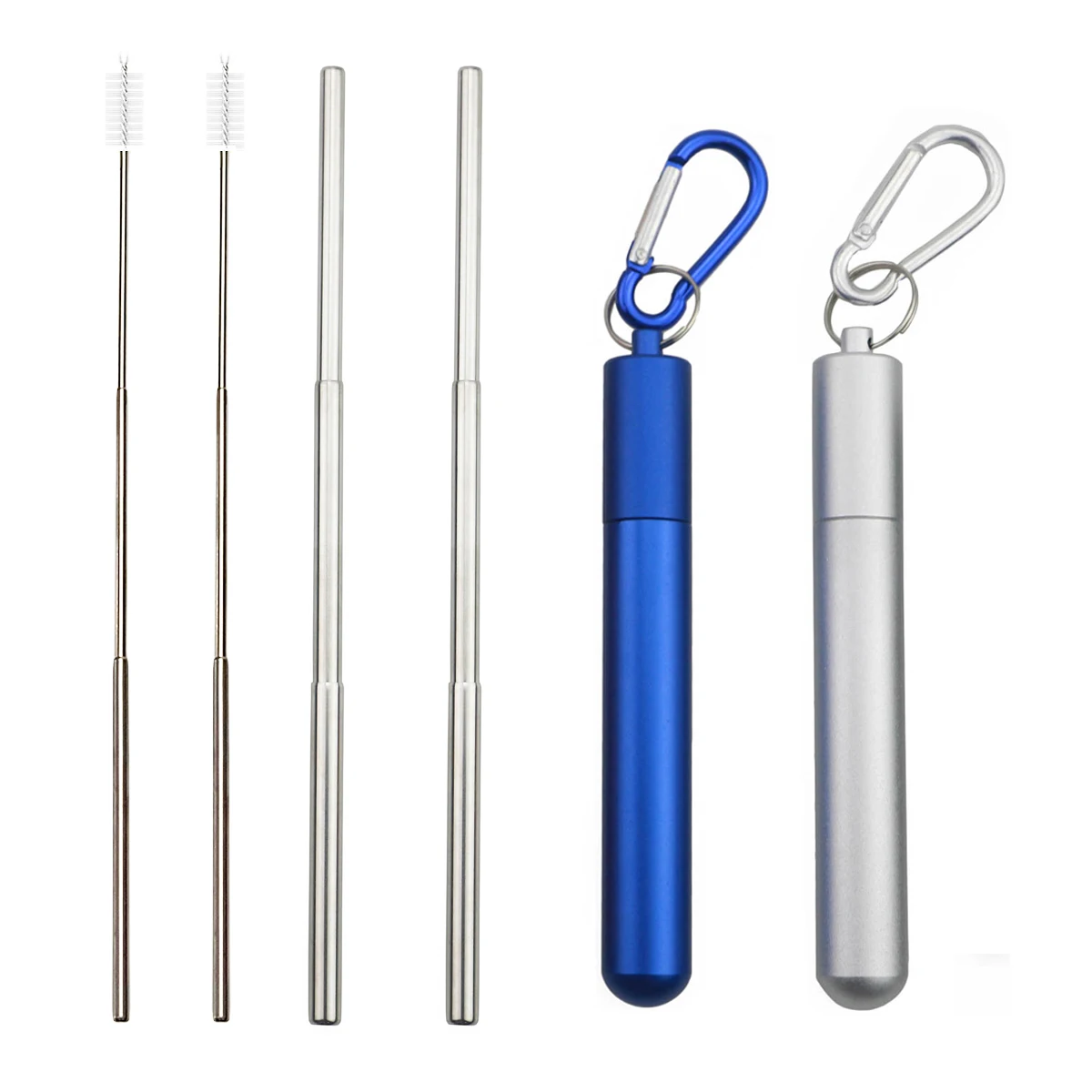 6pcs Blue-Silver 6 шт. портативная многоразовая телескопическая из нержавеющей стали соломинки для напитков, Раскладной Металлический соломинка с соломинкой, щетка для ведра - Цвет: 6pcs Blue-Silver