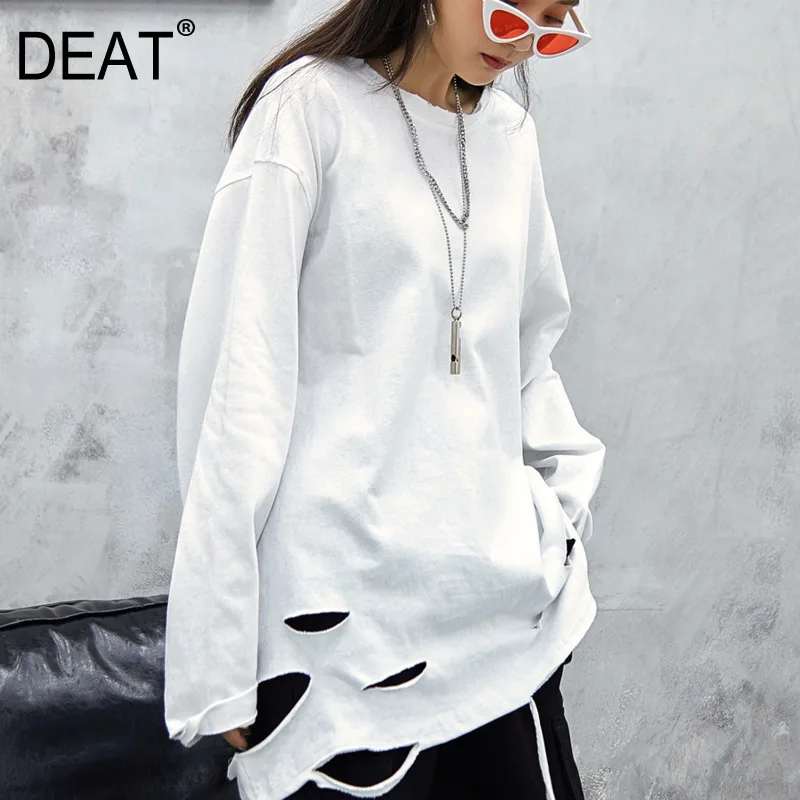 

[DEAT] 2019 New Spring Summer Round Neck Long Sleeve Personality Irregular Hole Solid Color T-shirt Women Fashion Tide 13D017