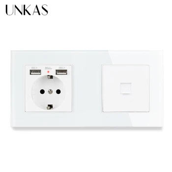 

UNKAS Crystal Tempered Glass Panel EU Standard Electric Socket with 2 USB + 1 Gang RJ11 2 Core Telephone Connector 172*86mm
