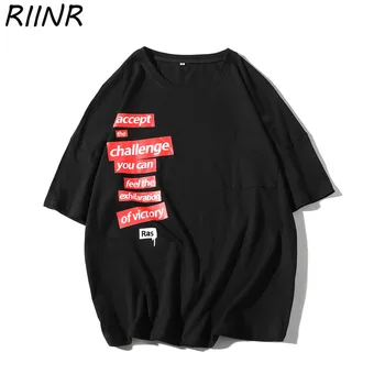 

Riinr 2020 New Style English Element Printed T-shirt Loose Plus Size Round Neck Short Sleeve Youth Trendy Cotton T-shirt M-5XL