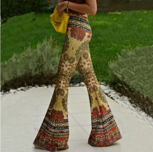 2022 Spring Summer European American Fashionable Style Woman Flare Trousers Skinny Retro Print Flare Trousers