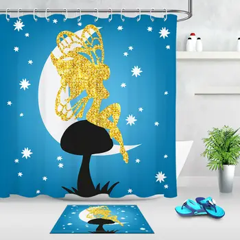 

Dreamy Golden Fairy Fabric Shower Curtain Set 180CM Bath Accessories