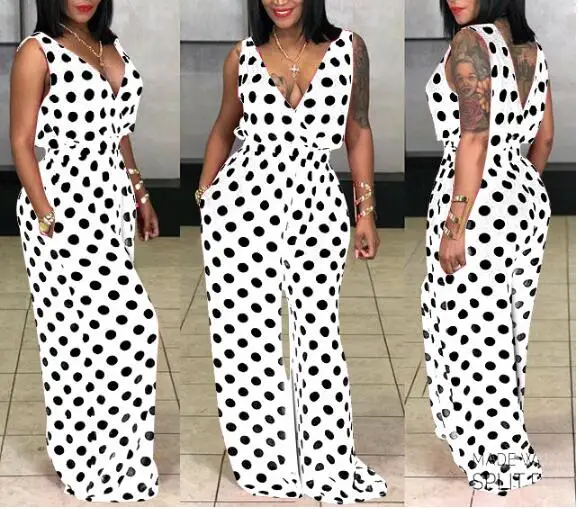 Black White Polka Dot Sexy Party Jumpsuit Women Deep V Neck Sleeveless Wide Leg Romper Eelgant Backless One Piece Overall mudan women lace floral see though halter neck sleeveless sexy night party jumpsuit 2022 summer elastic overall playsuit