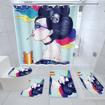 

African Women's 4pc Set Waterproof Shower Curtain Bathroom Shower Room 180x180 Bath Curtains Closestool Mat Farmhouse Decor