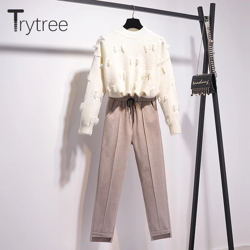 Trytree осенне-зимний комплект из двух предметов, повседневный однотонный Свободный Топ с круглым вырезом и кисточками+ штаны с карманами на завязках, офисный Женский комплект из 2 предметов