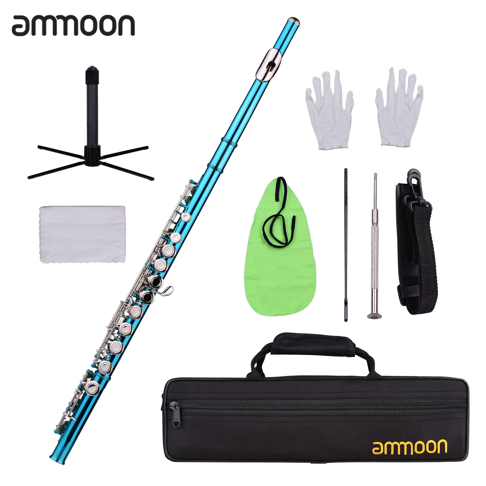 

ammoon Closed Hole C Flute 16 Keys Cupronickel Nickel-plated Wind Instrument with Carry Case Flute Stand Gloves Cleaning Cloth