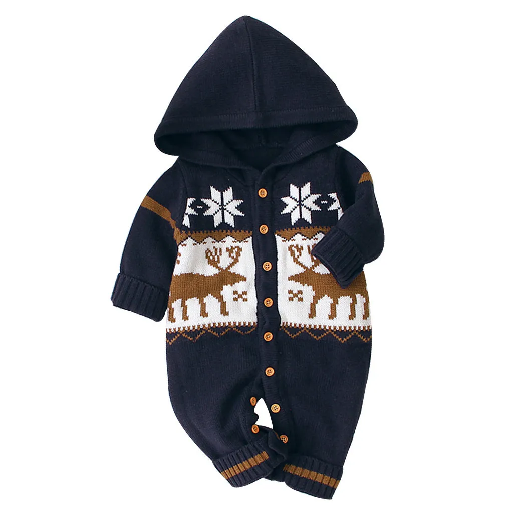 Зимняя Рождественская Одежда для новорожденных мальчиков и девочек; Рождественский Вязаный комбинезон с капюшоном и рисунком оленя; зимние комбинезоны для маленьких девочек; Рождественский наряд