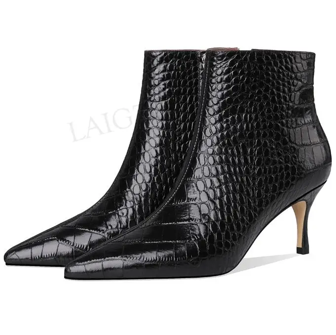 LGZ859 Black LAIGZEM/женские ботинки знаменитостей; зимние Ботинки на каблуке-рюмочке; кожаные сапоги из крокодиловой кожи на молнии; Botas Mujer; размеры 34 39 - Цвет: LGZ859 Black