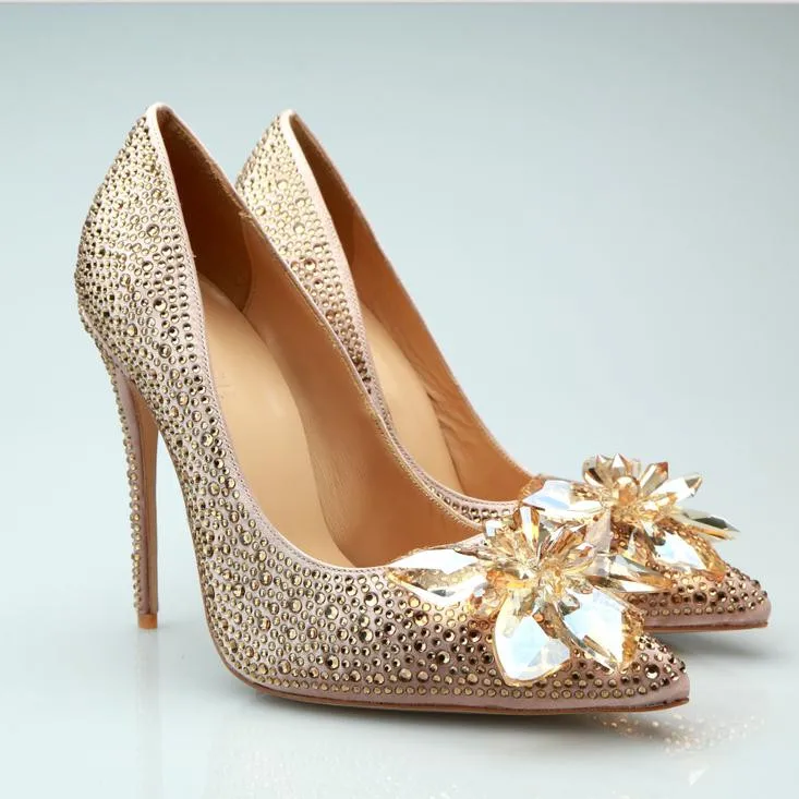 

Rhinestone Pumps Women Gold High Heels Shoes Woman Bling Floral Sapato Feminino Wedding Ladies Shoes Fashinon Zapatos De Mujer