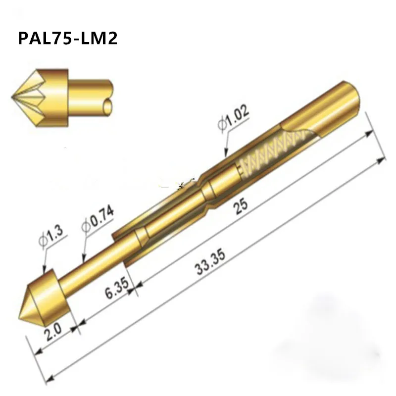 PAL75-LM2 100 шт. тестовый зонд, пружина, латунь, позолота, для тестирования, монтажная плата, электронный инструмент, длина инструмента около 33,35 мм