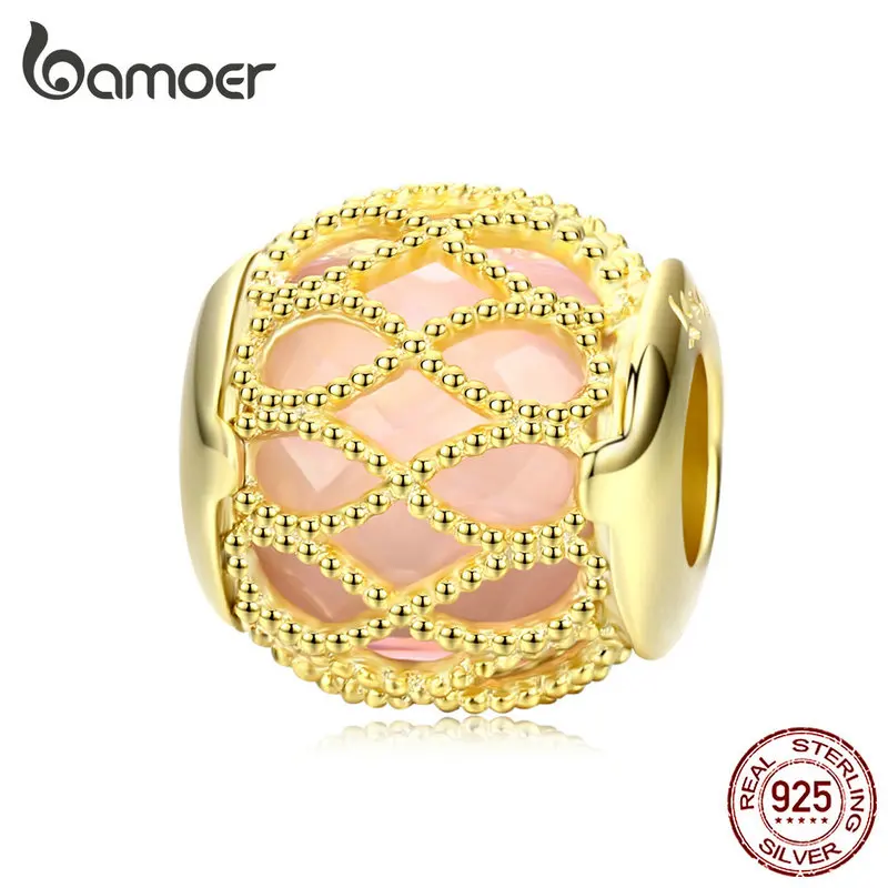 

bamoer Pink Glass Round Beads for Wemen Jewelry Making Openwork Golden Charm Silver 925 Original Female Fashion Gifts SCC1315