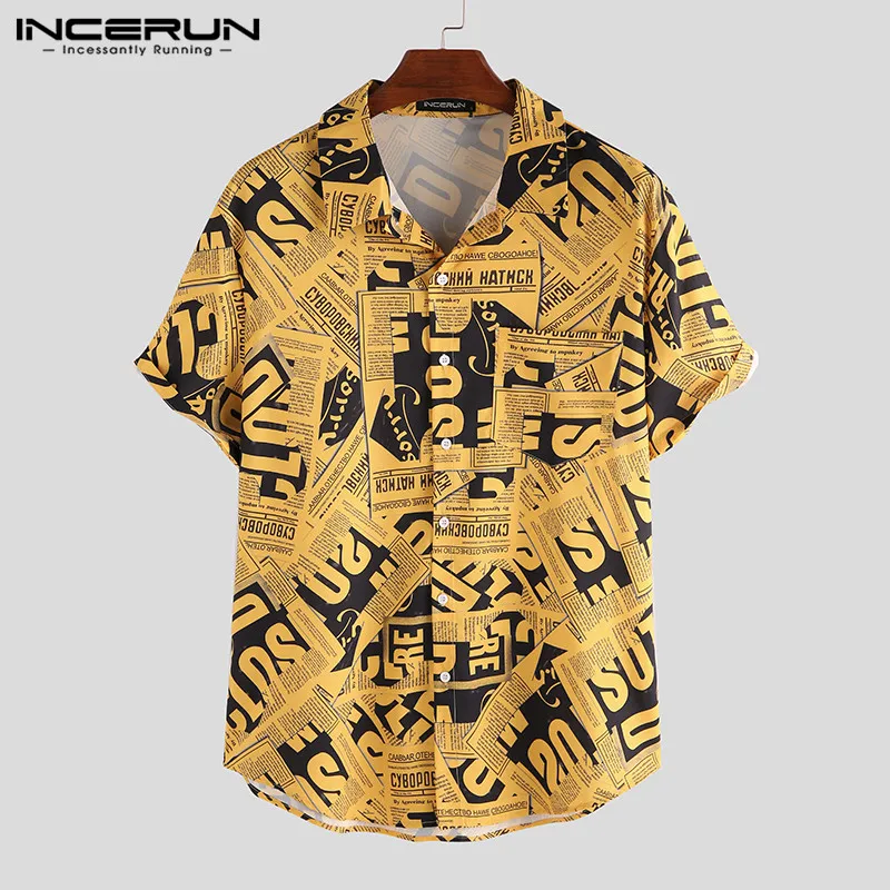 Yellow Shirt INCERUN, летняя мода, мужская рубашка с принтом, брендовая, с отворотом, короткий рукав, свободные, повседневные топы, Camisa Masculina, Корейская гавайская рубашка - Цвет: Yellow Shirt