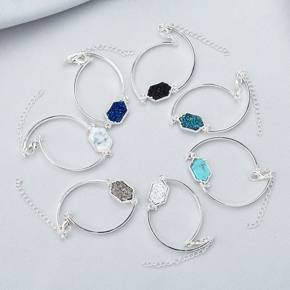 

Hot Sale Charm Bracelet & Bangle Gold Silver Color Metal Adjustable Bracelet Resin Crystal Quartz Druzy Jewelry for Women