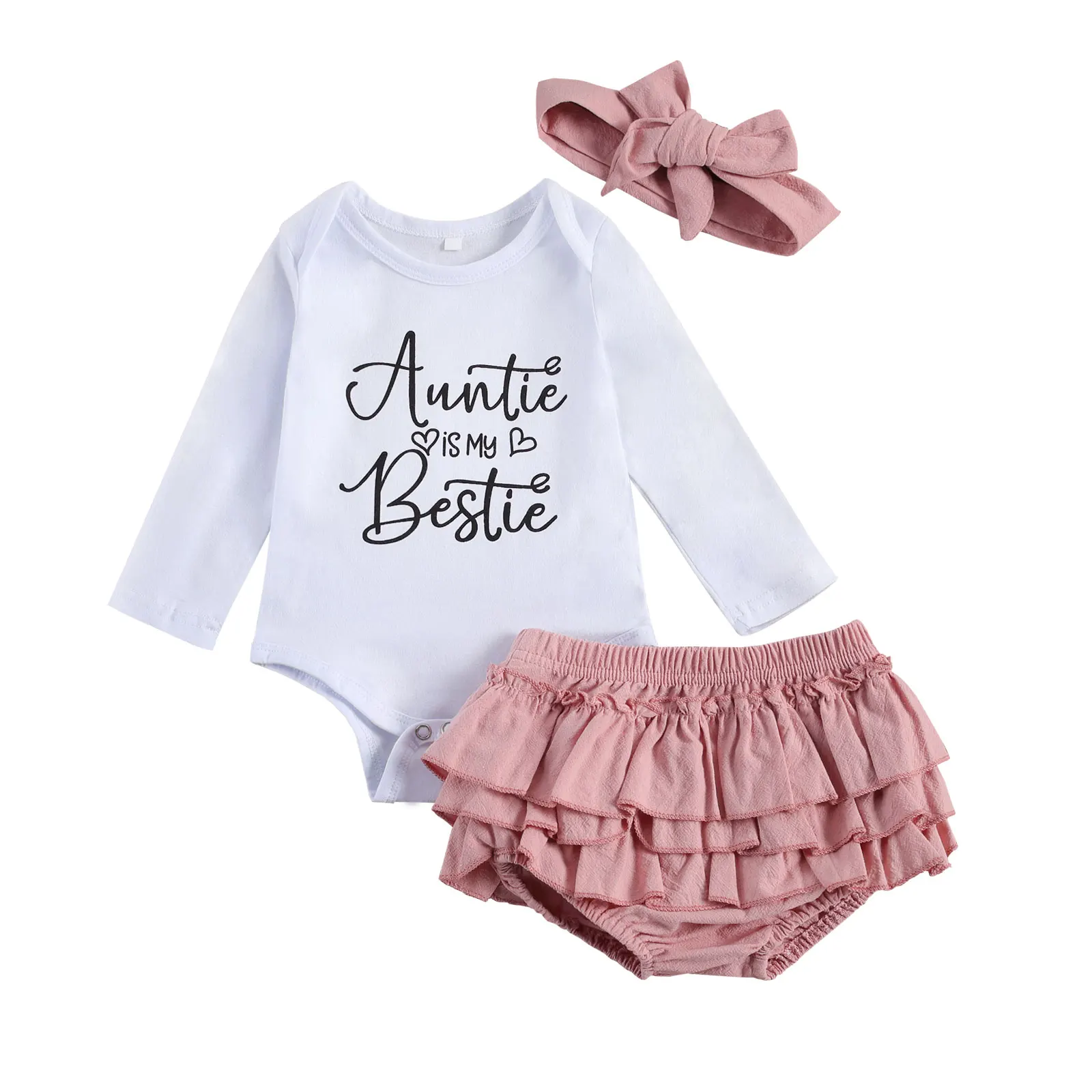 

2020 New Fall Autumn 0-18M Toddler Baby Girl 3Pcs Set AUNTIE IS MY BESTIE Long Sleeve Letter Print Bodysuit+Skirt-Shorts+Bow