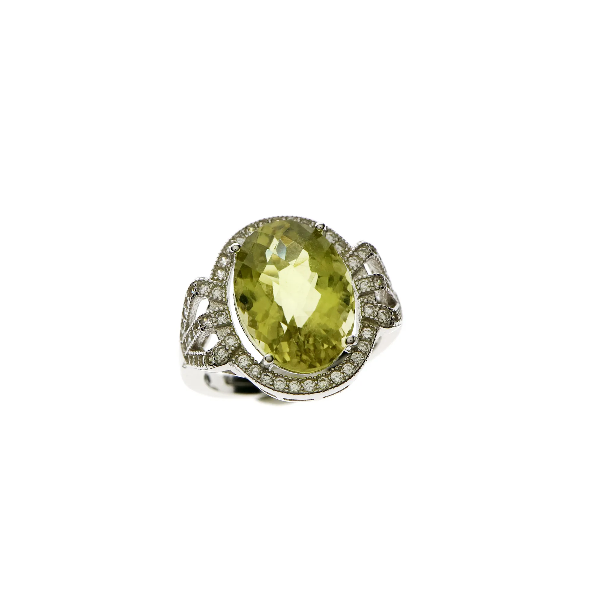 10x14MM oval faceted lemon quartz semi precious stone gemstone on 925 Sterling Silver Adjustable Ring with Cubic Zirconia 623003 | Украшения