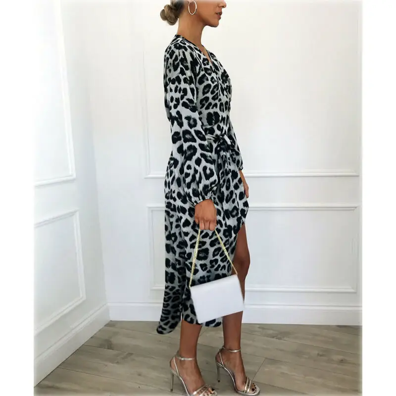 Повседневное шифоновое платье с леопардовым принтом и длинным рукавом на осень