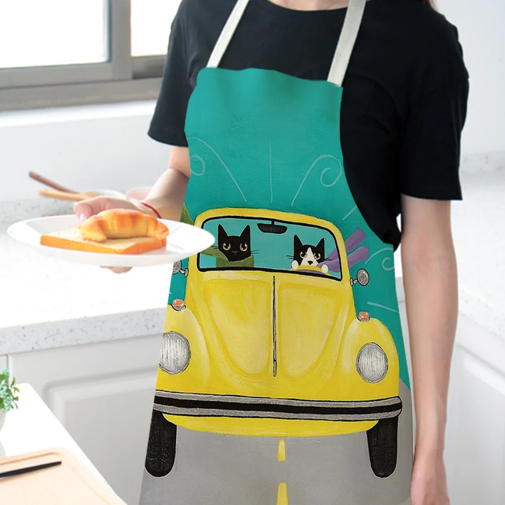 Women Kitchen Apron Cotton Linen Cartoon Cat Sleeveless Chef Cooking Aprons Kitchen accessories 68*55cm 0094