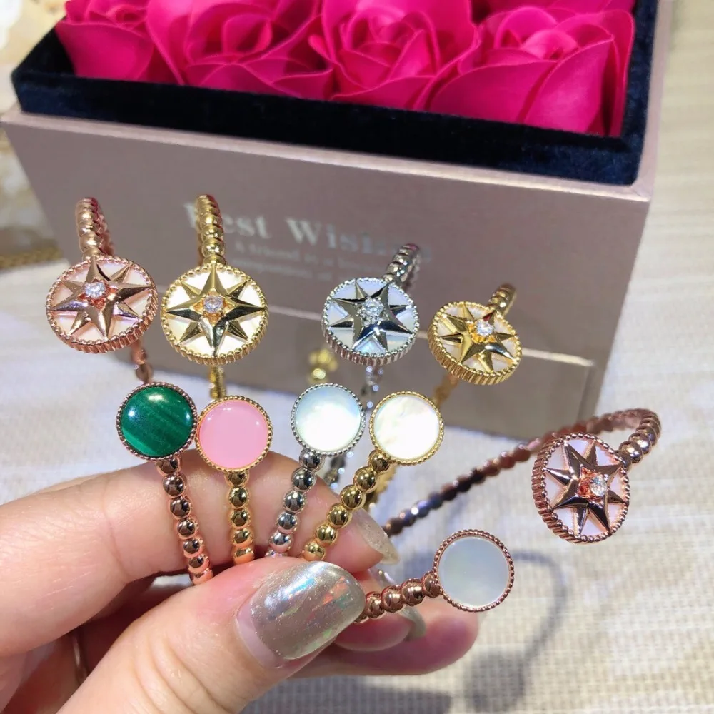 

Hot famous brand S925 sterling silver jewelry 5 colors round ball 8-point star bangle open size nature stone bracelet