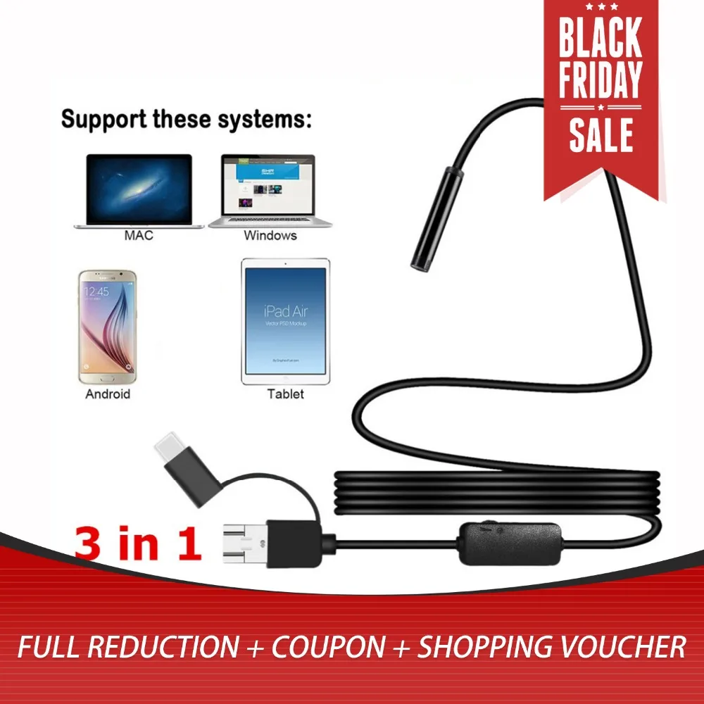 

3-in-1 Endoscope Camera 2/3.5/5/10M 1200P HD Waterproof IP68 USB handheld Video Inspection Camera for Phone for Android