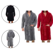 

Graceful Pajamas Robe Pure Color Flannel Hooded Pockets Men Plush Sleepwear Bath Robe Plush Bathrobe