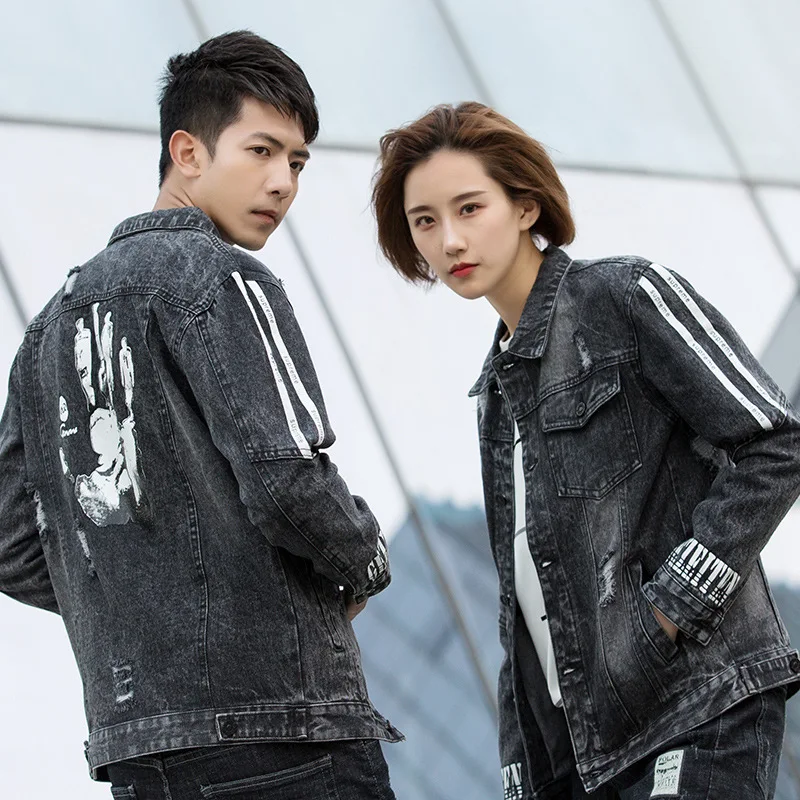 Fashion Harajuku Handprint Retro Rock vintage Gray Denim jacket men boyfriend punk Sweatshirt sudadera streetwear cowboy hiphop