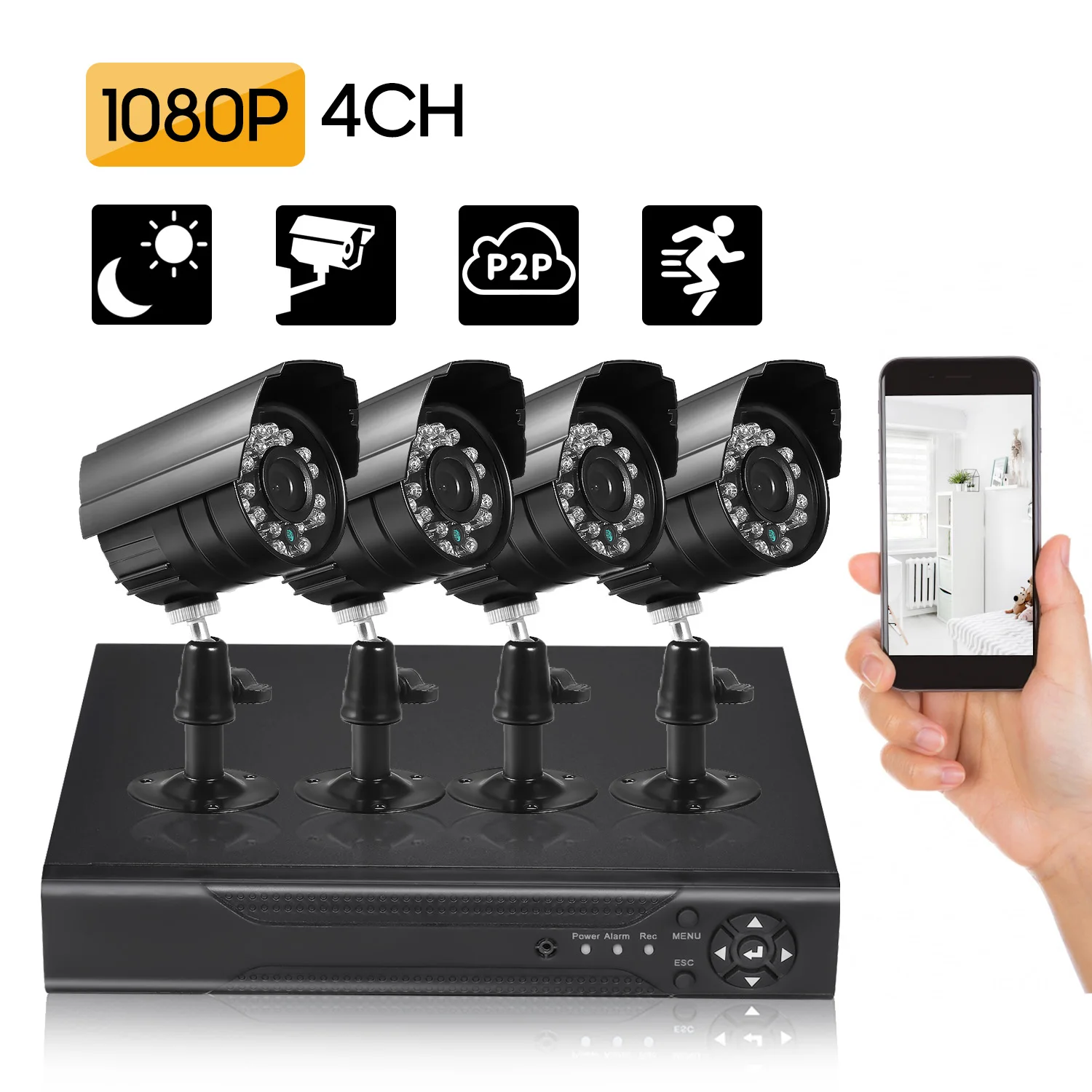 

4CH Security Camera System Full 1080P Video DVR Recorder with 4 * 1080P Indoor Outdoor Weatherproof CCTV Cameras DVR Kit