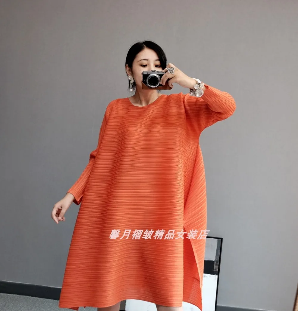 Лидер продаж Miyake модные однотонные складные с круглым воротником Длинные рукава большие трапециевидные платья