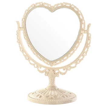

Beige Makeup Mirror Heart Shape Rotatable Stand Table Compact Mirror Plastic Dresser Mirrors Cosmetic Tool 2 Sides