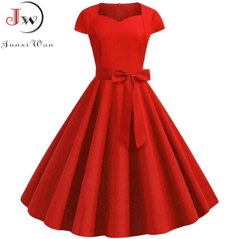 

2019 Summer Vintage Dress Robe Femme Women Solid Red Black Square Collar Retro Rockabilly Party Dresses Belt Vestidos Plus Size