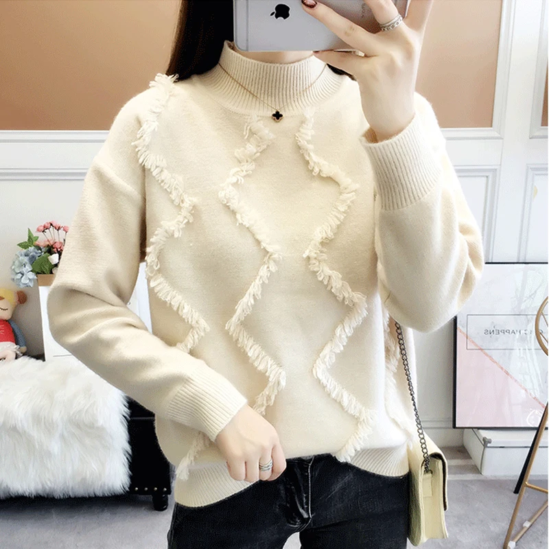 2020 Autumn Winter Women Knitted Half-Turtleneck Sweater Ladies Casual Soft Solid Tassel Jumper Pullovers Pull Femme | Женская одежда